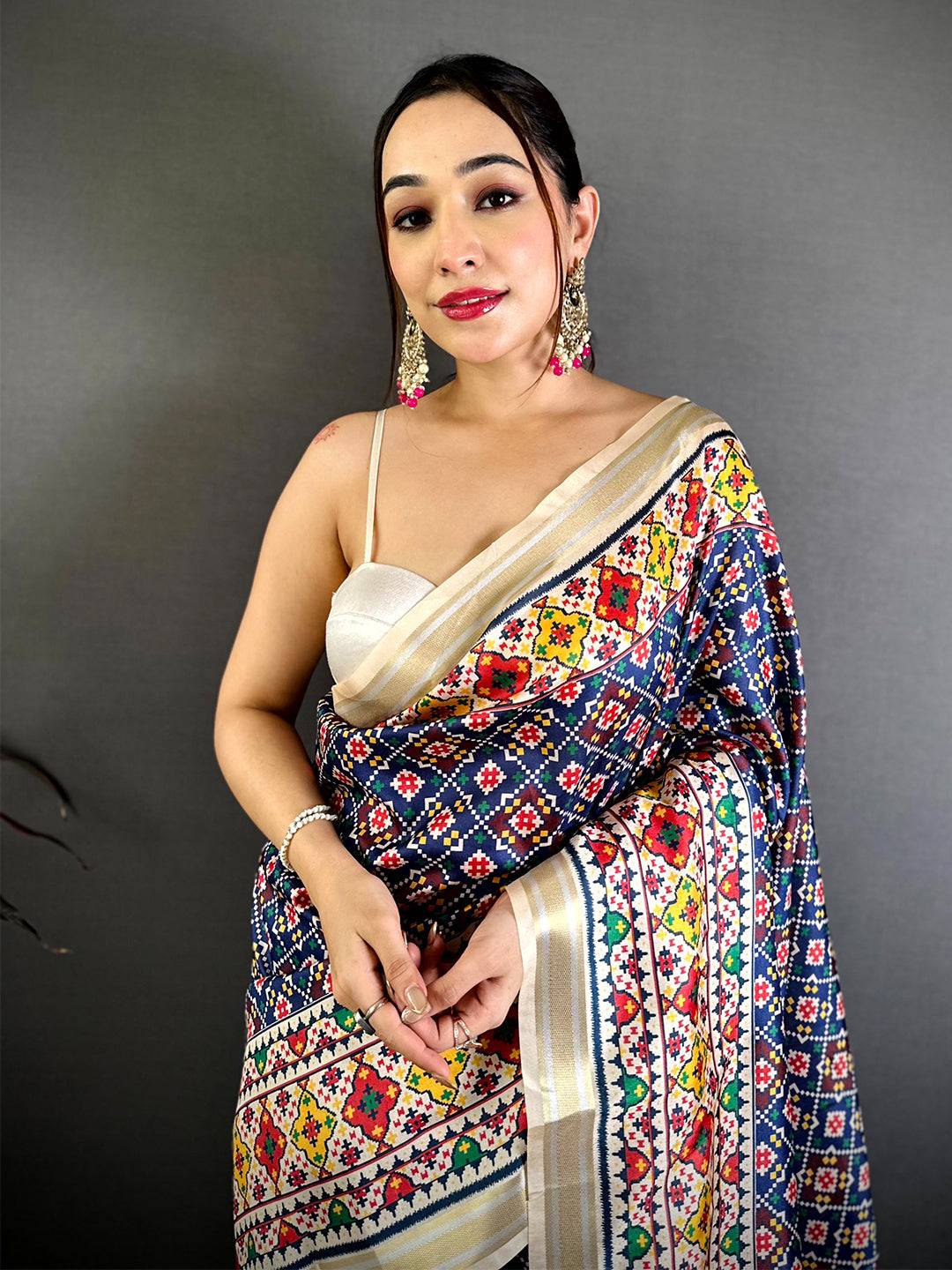 Navy Ethnic Digital Ikkat Kanchi Saree