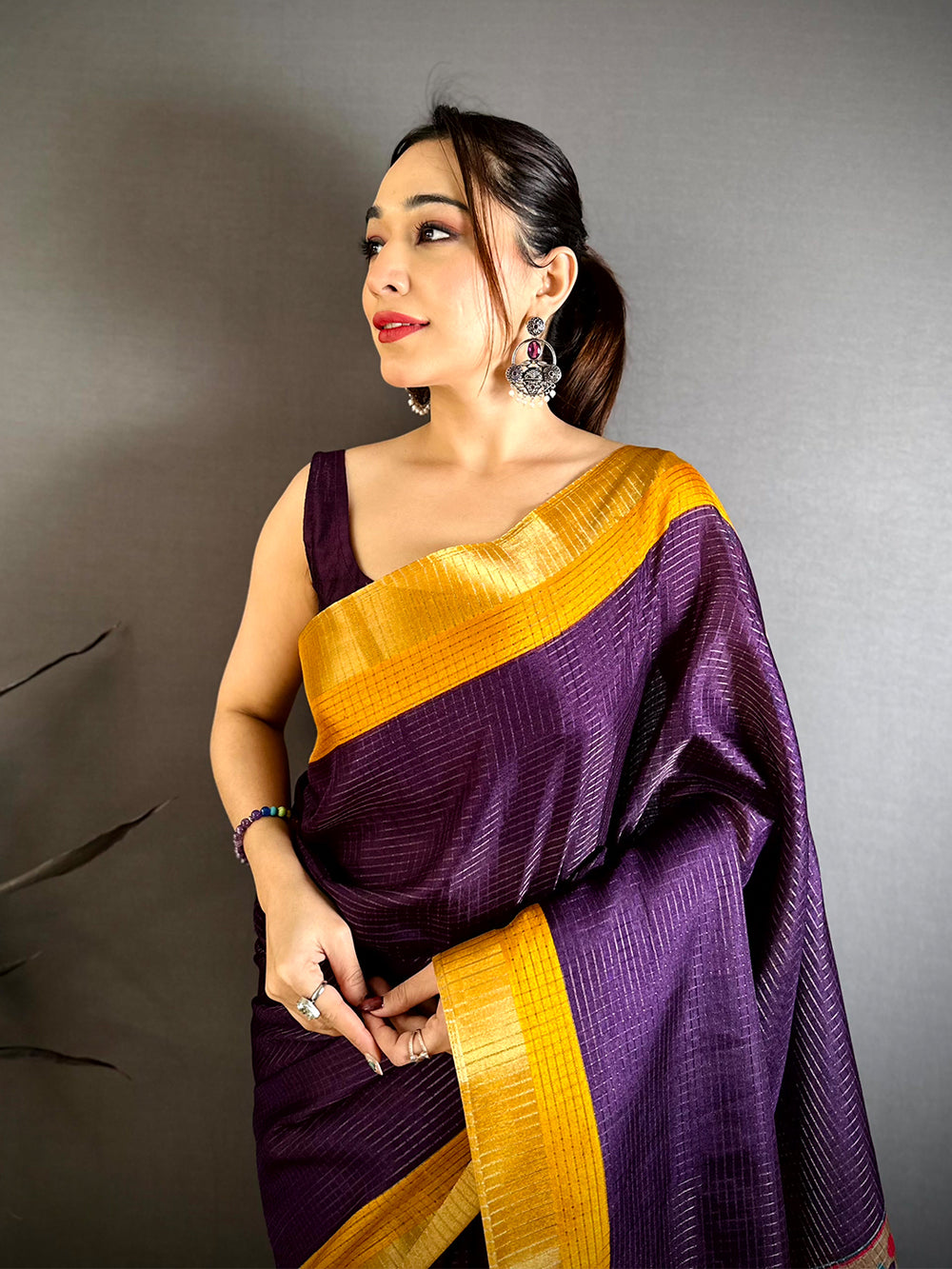 Purple Tussar Zari Chex Kalamkari Saree