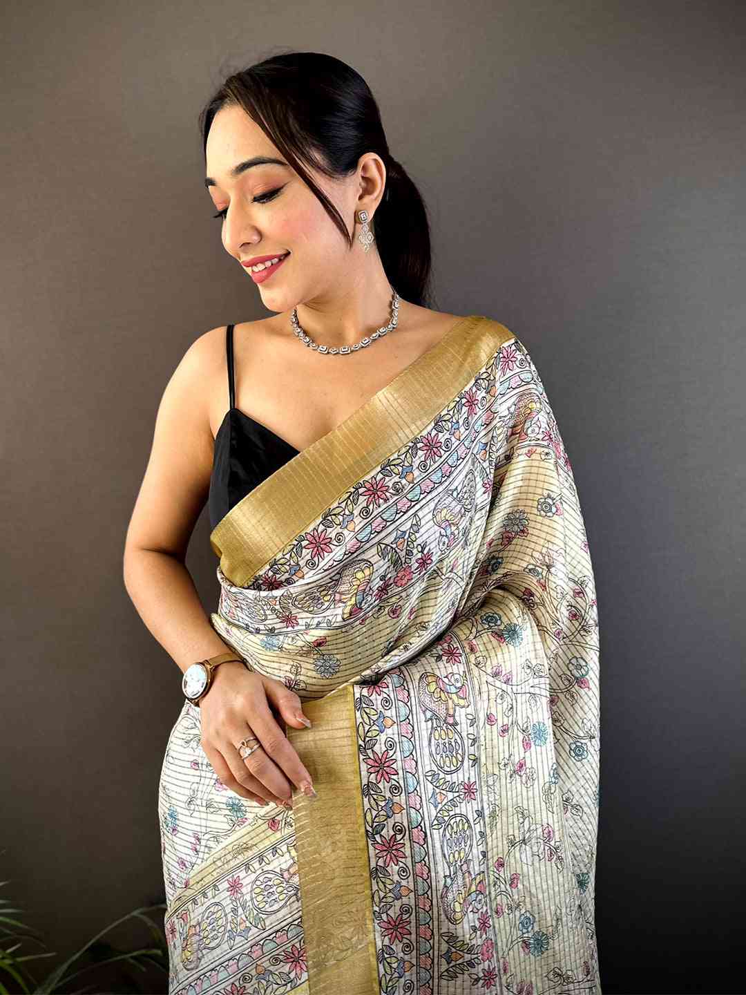 Off White Chanderi Madhubani Black Chex Saree