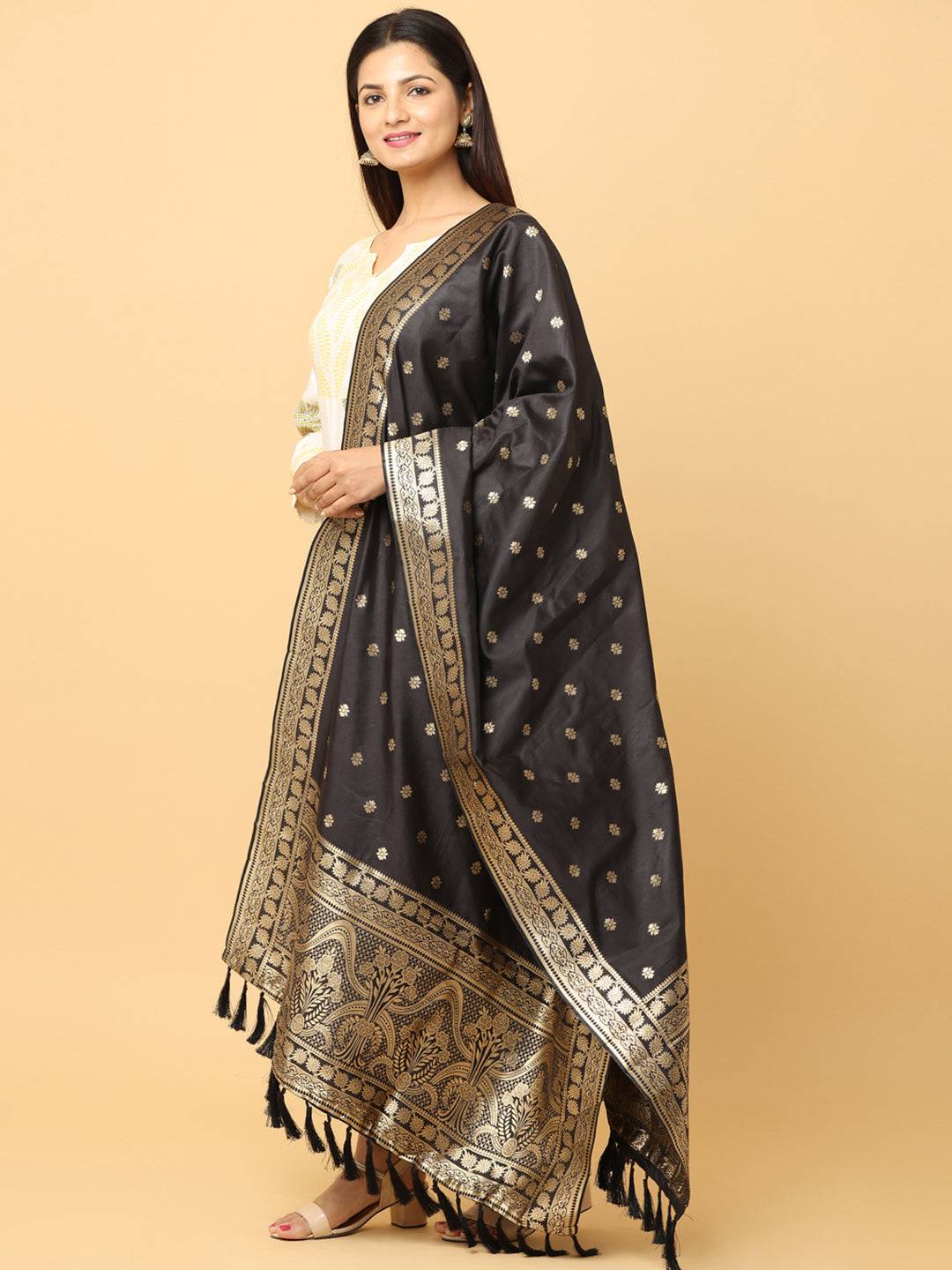 Side view of woven design silk blend black dupatta.
