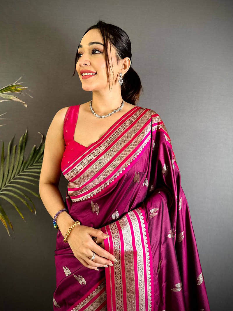 Wine Soft Silk Satin Minakari Border Saree