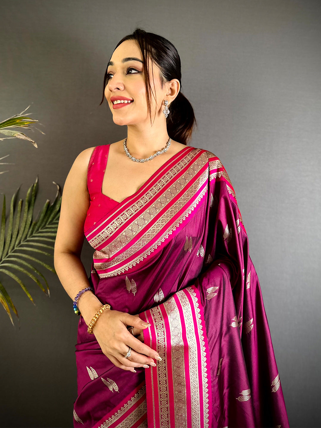 Wine Soft Silk Satin Minakari Border Saree