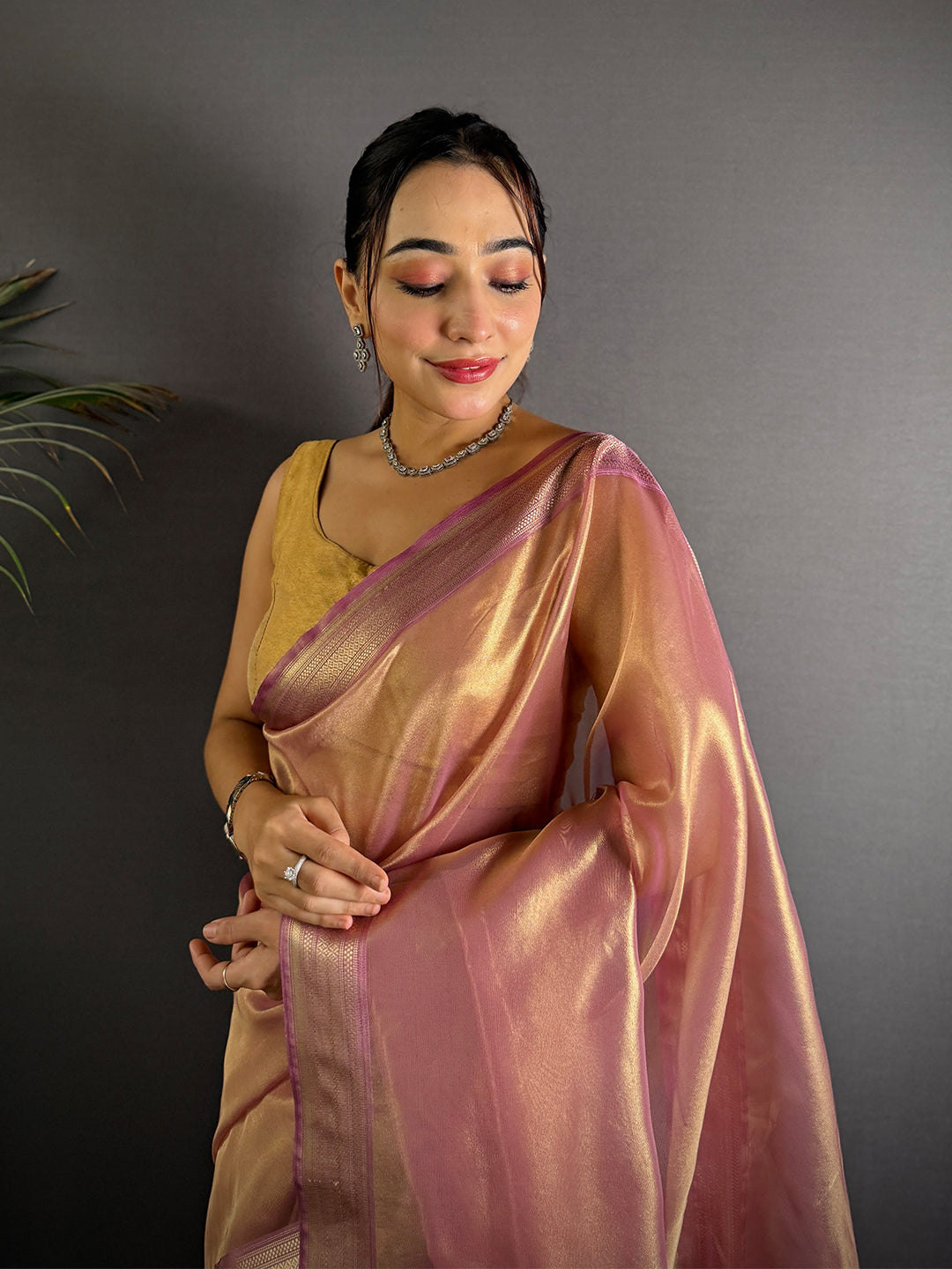 Radiant Wine Gold Zari Tissue Saree