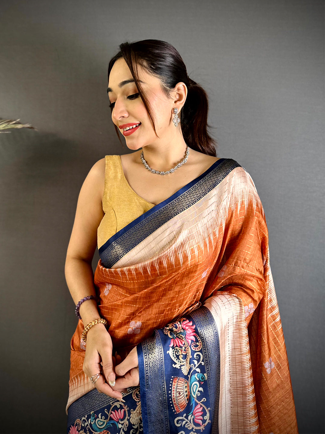 Rust Tanjore Art Semi Silk Saree