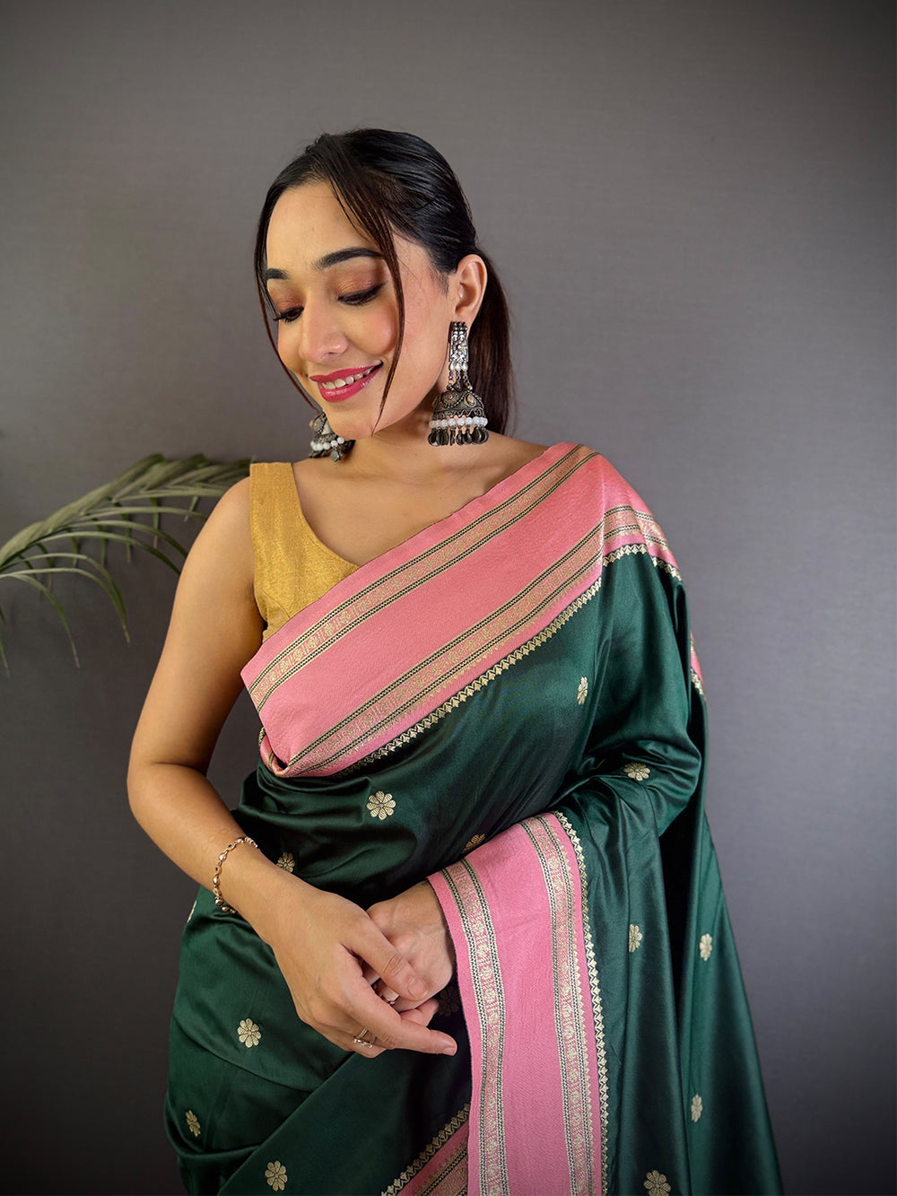 Bottle Green Soft Silk Floral Butta Saree