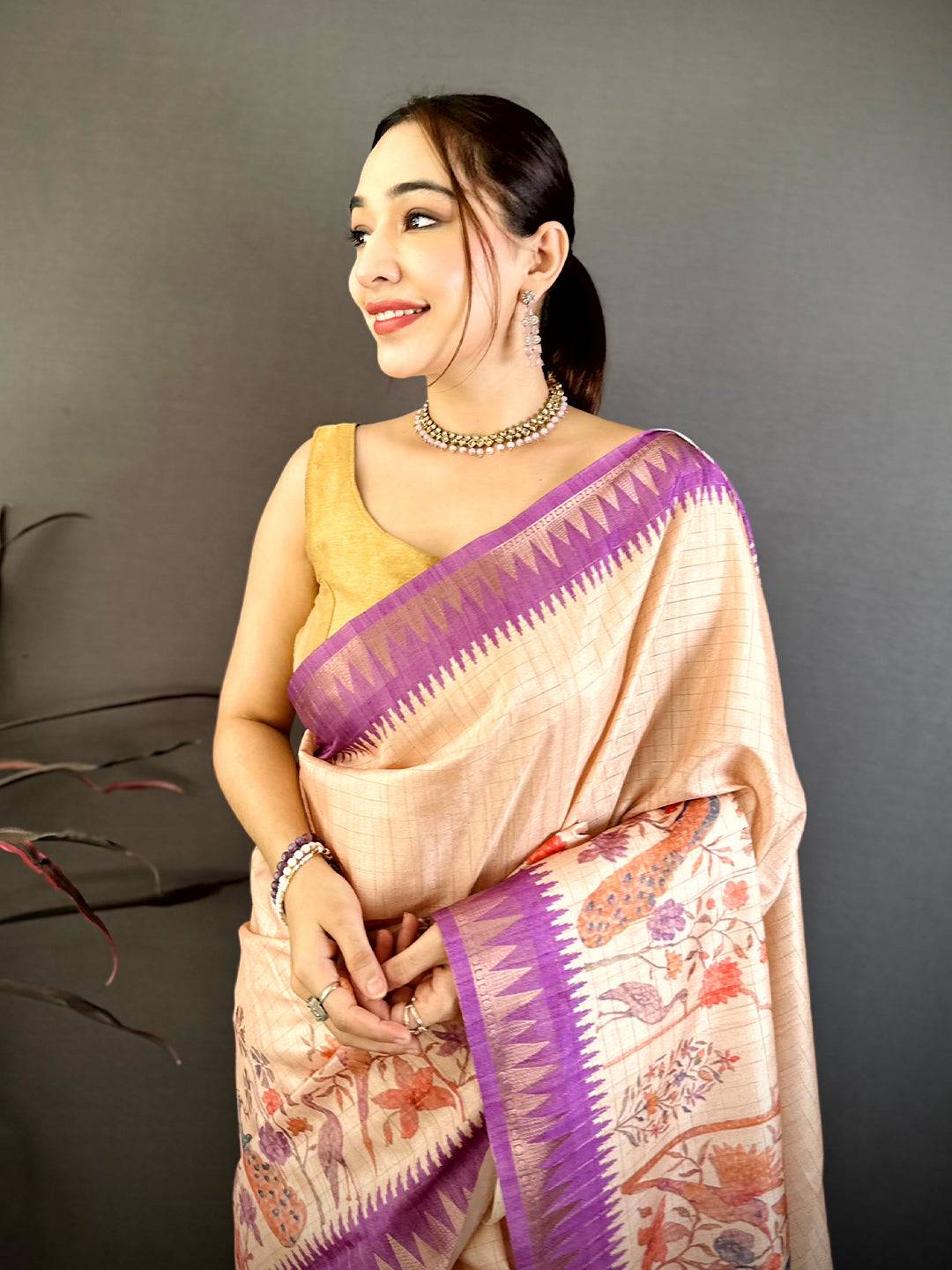 Cream Bird Motif Soft Tussar Saree