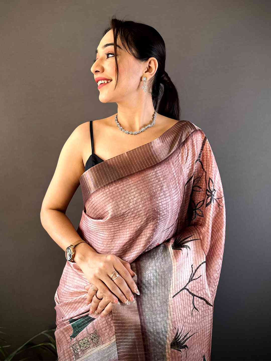 Blush Pink Tissue Chanderi Japanese Print Saree