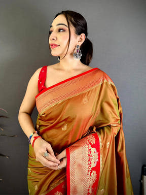 Brown Silk Saree with Red Border