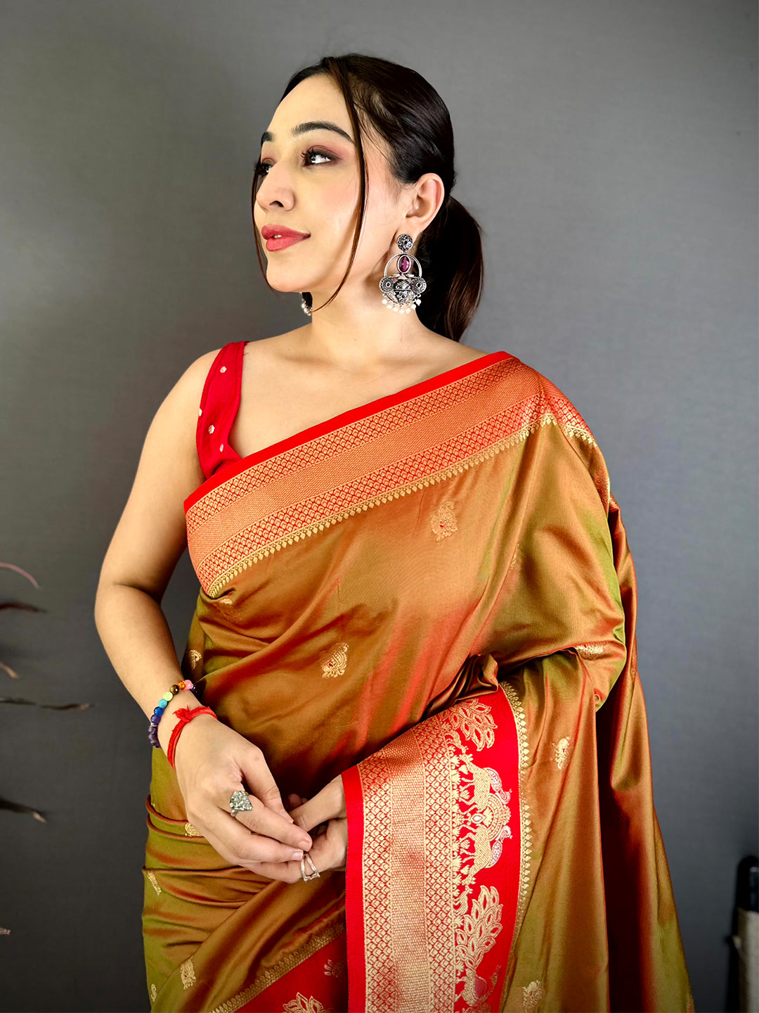 Brown Silk Saree with Red Border