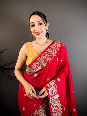 Red Aari Jhalar Tussar Satin Saree