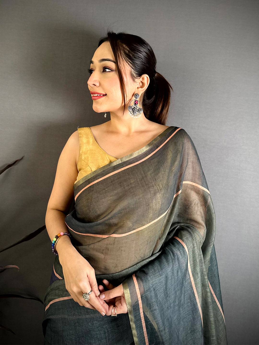 Regal Stripe Linen Tissue Saree