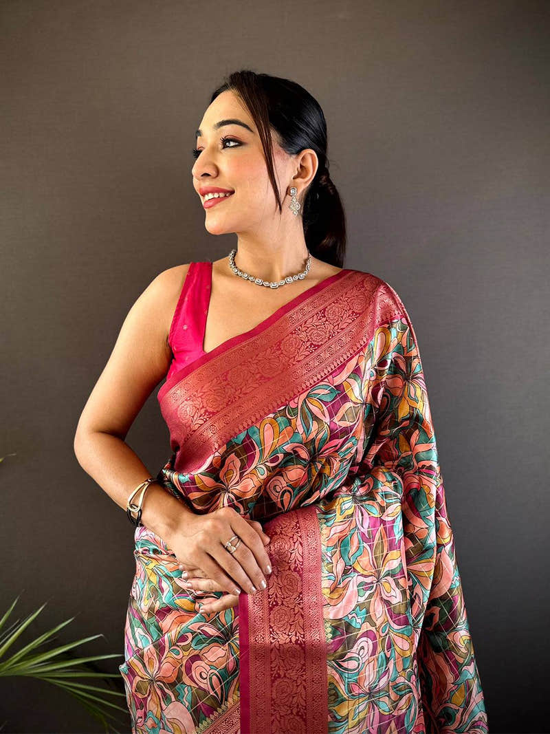 Red Soft Gadwal Pattu Geometric Saree