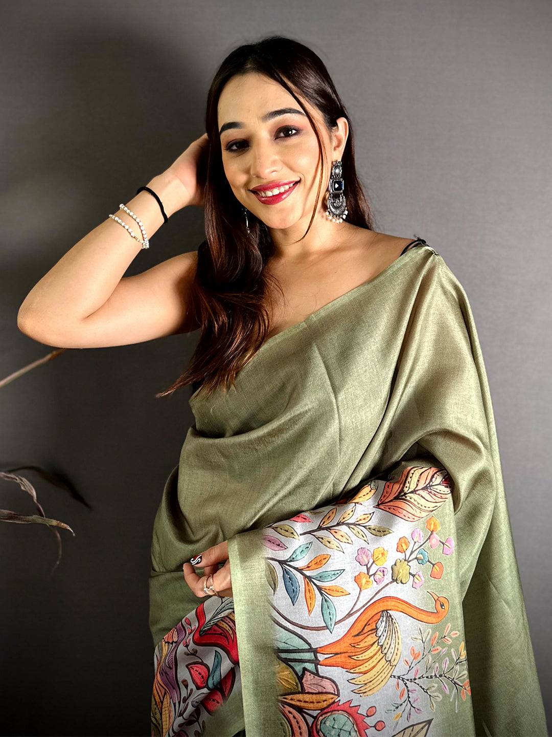 Green Flamingo Border Tussar Saree