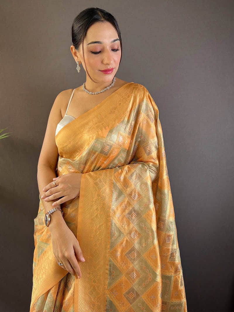 Honey Yellow Colour Block Print Saree