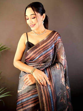 Grey Chanderi Floral Kalamkari Digital Print Saree