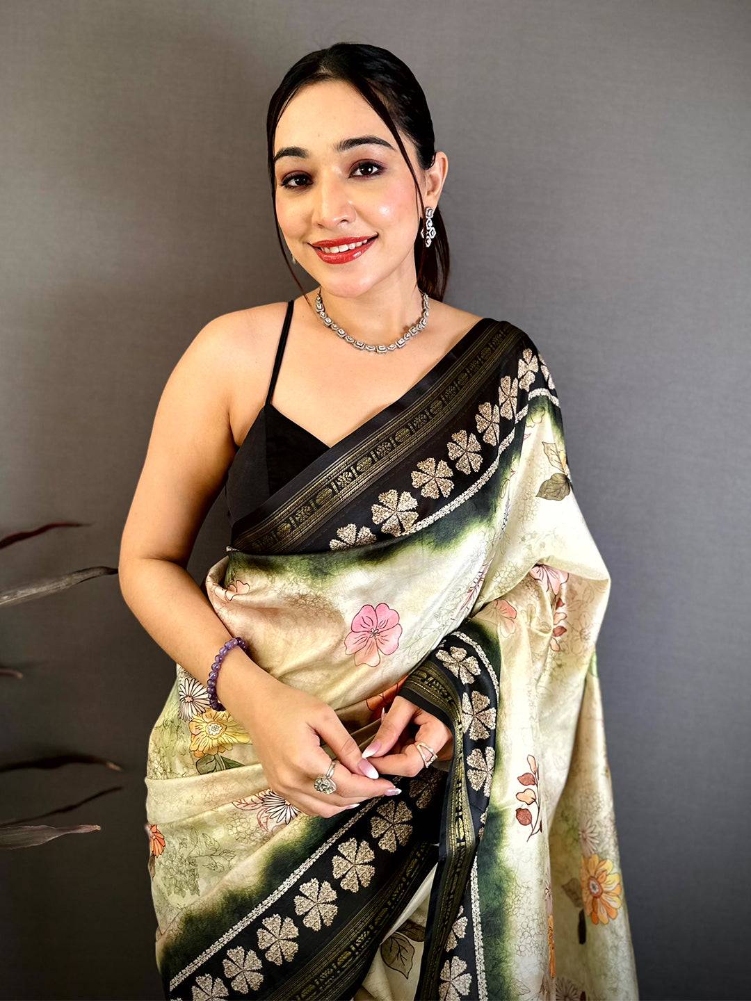 Elegance Floral Soft Silk Zari Border Saree