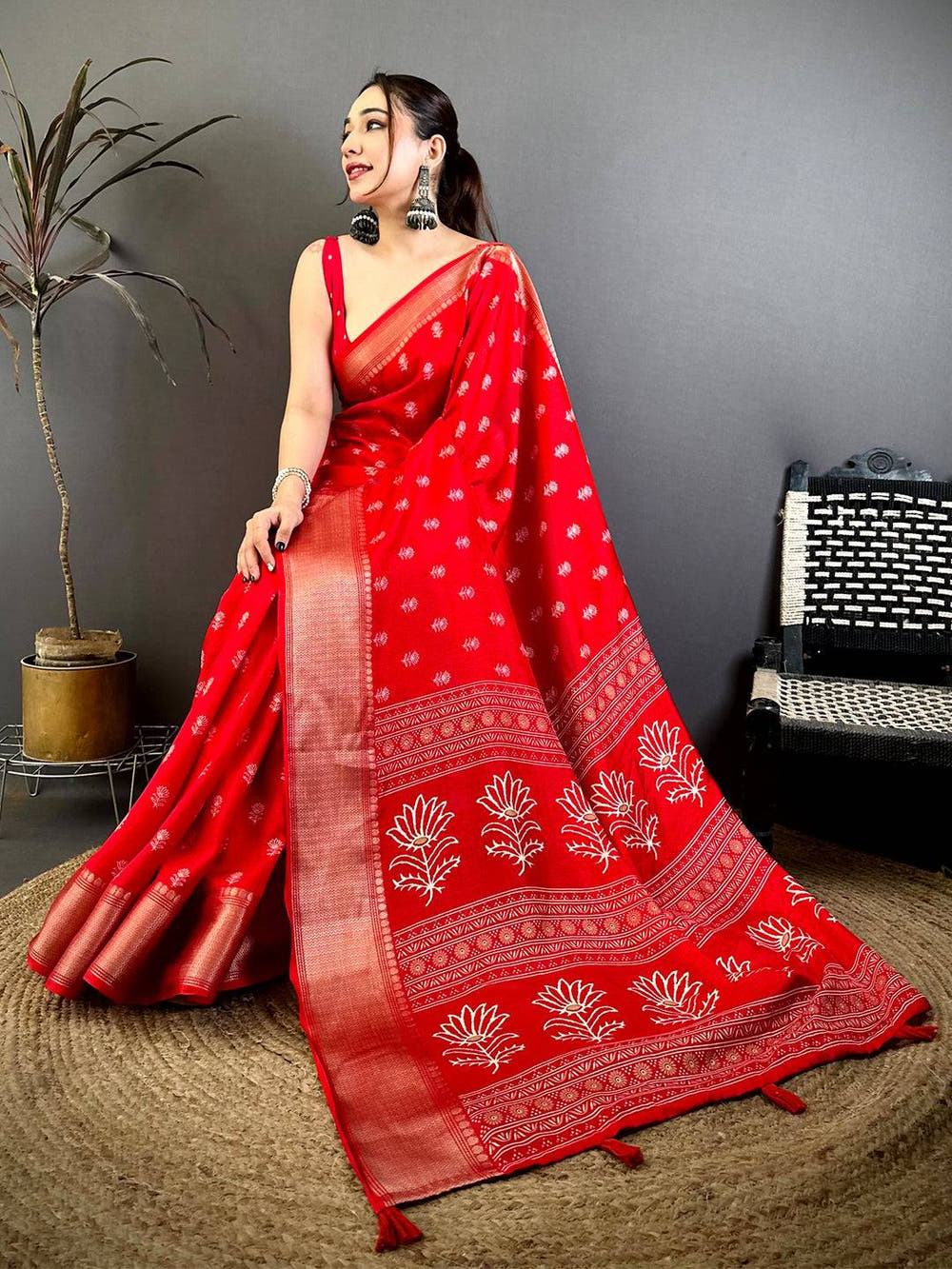 Red Dola Block Print Zari Border Saree