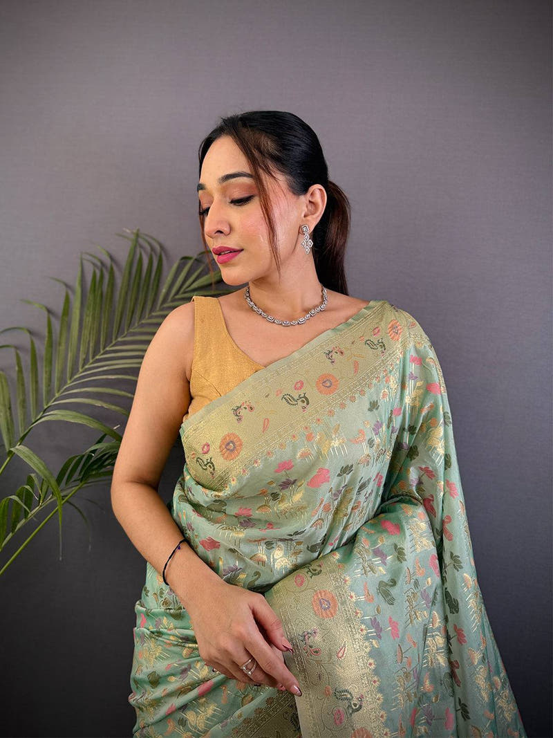 Jangal Minaather Zari Weaving Banarasi Silk Saree