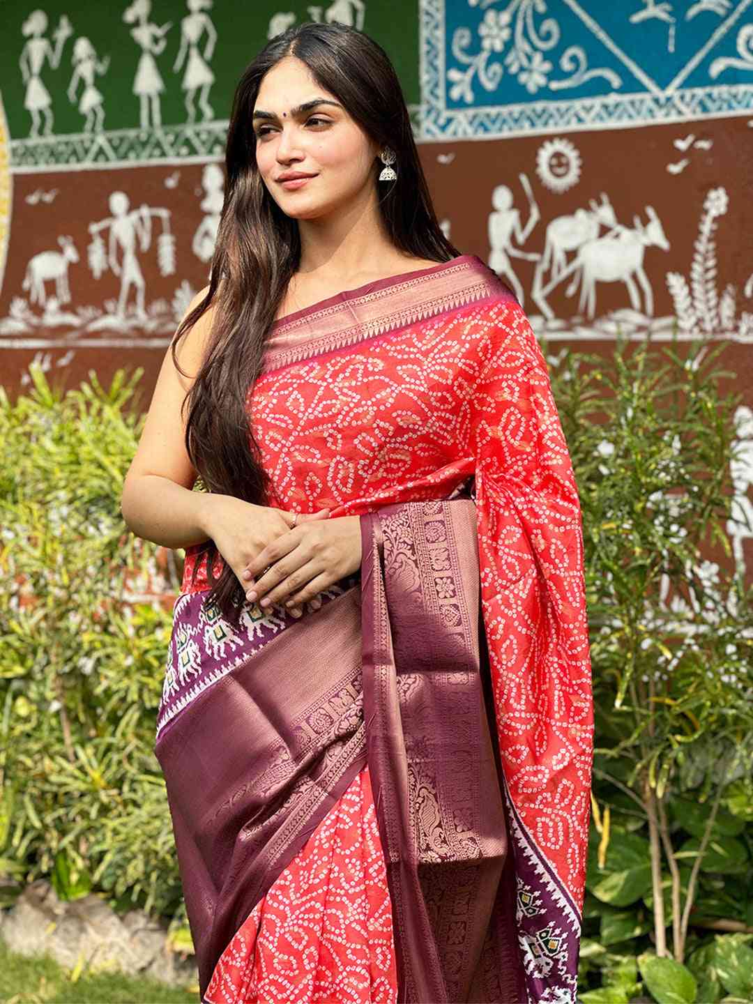Red Silk Bandhej Saree showcasing digital print elegance