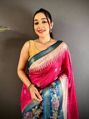 Pink Tanjore Art Semi Silk Saree