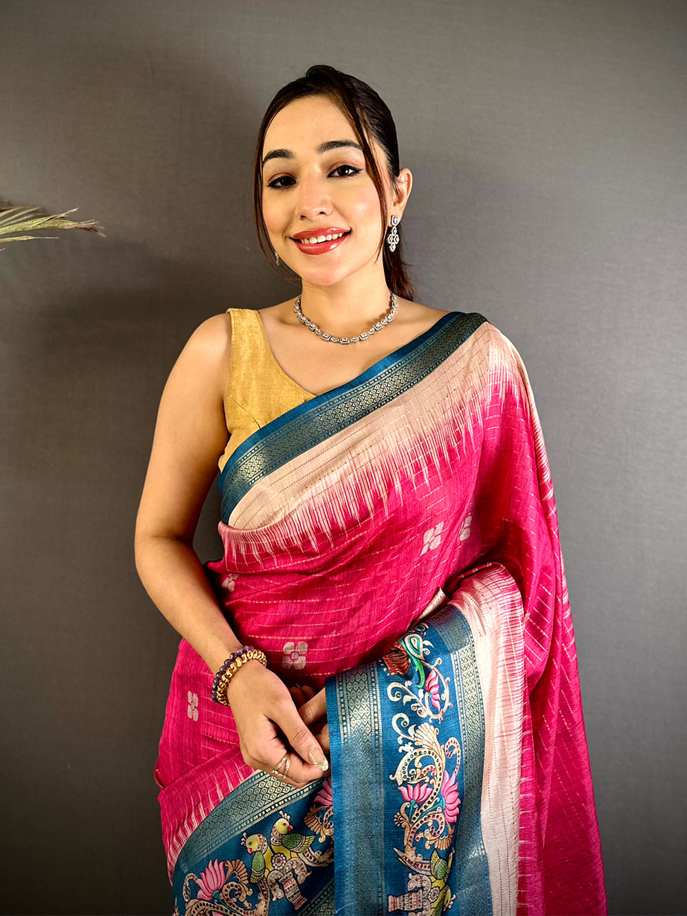 Pink Tanjore Art Semi Silk Saree