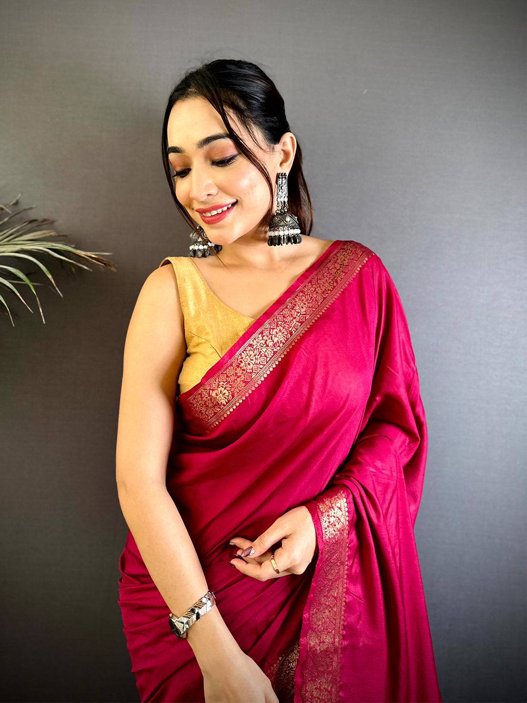 Cherry Red Hand Dyed Pure Viscose Saree