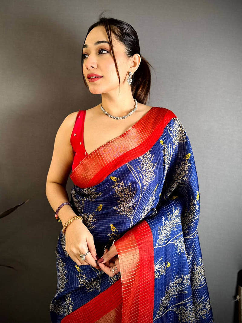 Navy Tussar Zari Chex Bird Motif Saree