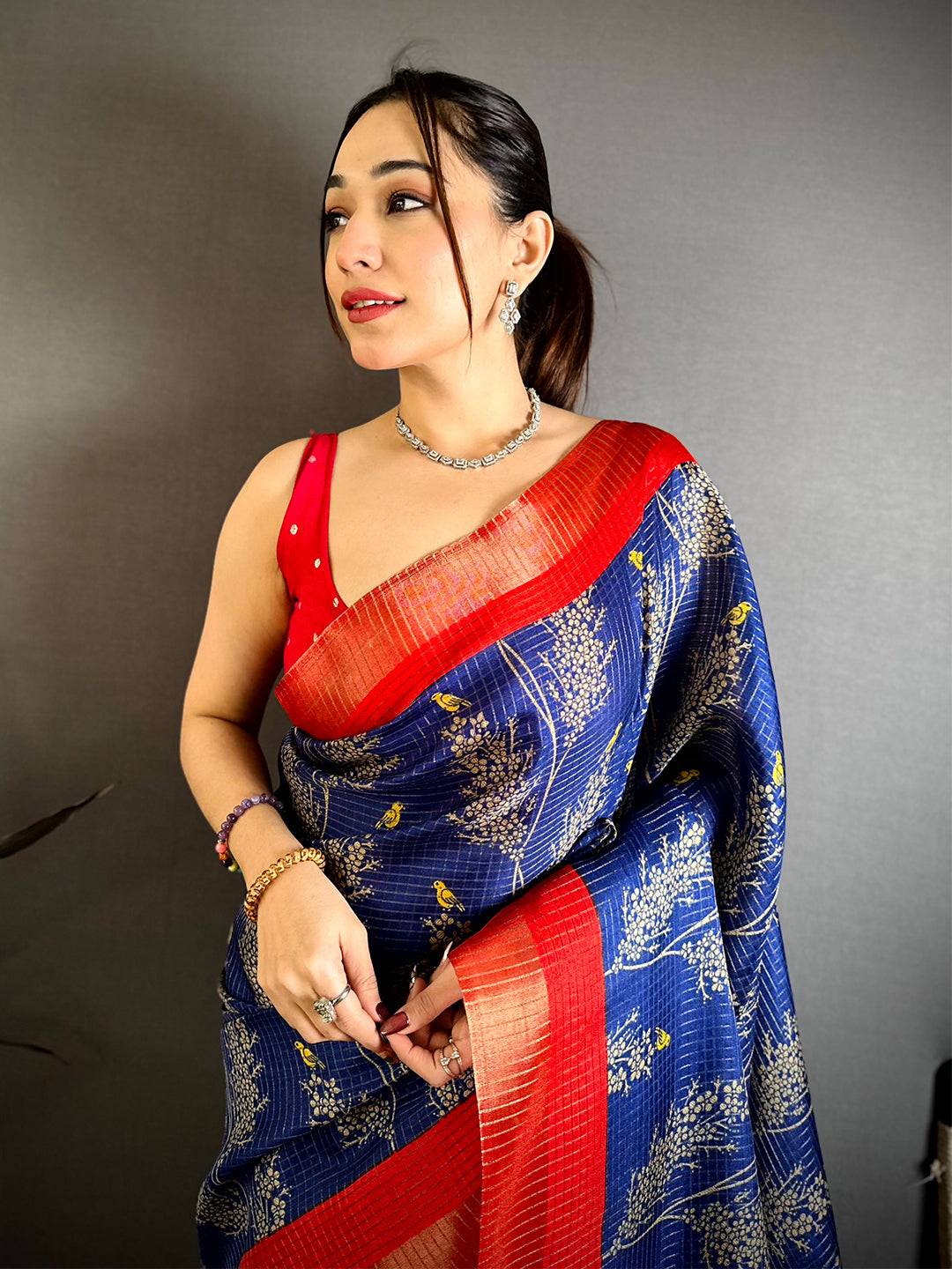 Navy Tussar Zari Chex Bird Motif Saree