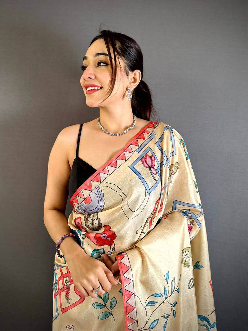 Cream Semi Tussar Striped Pallu Saree