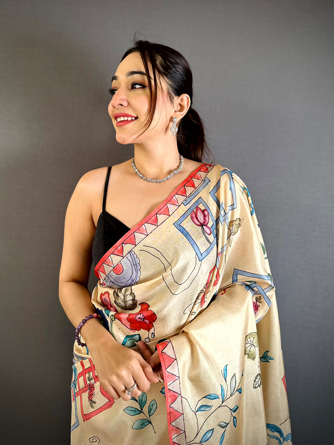 Cream Semi Tussar Striped Pallu Saree