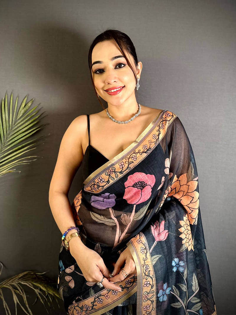 Black Floral Soft Linen Summer Saree