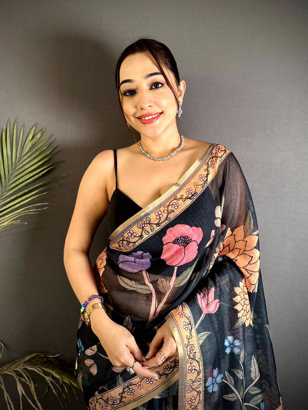 Black Floral Soft Linen Summer Saree