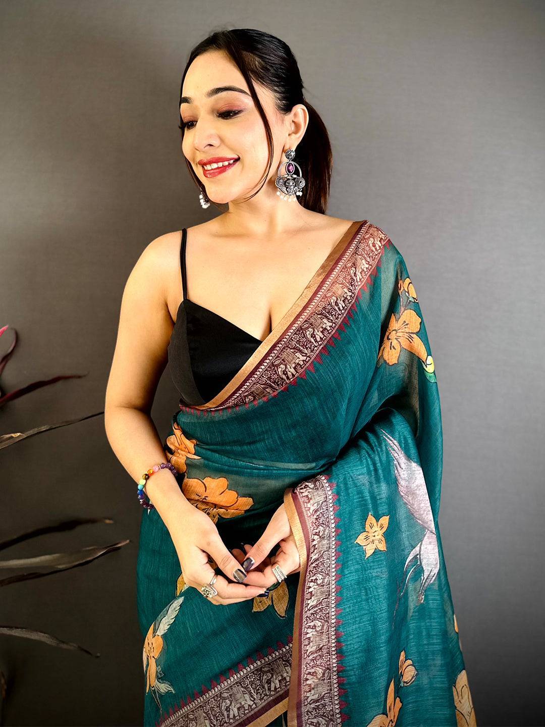 Radiant Linen Floral Kalamkari Saree