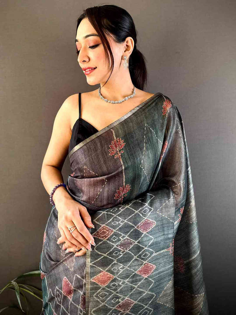 Grey Tissue Chanderi Geometric Floral Saree