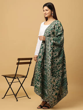 Side view of green poly chiffon pashmina dupatta with designs