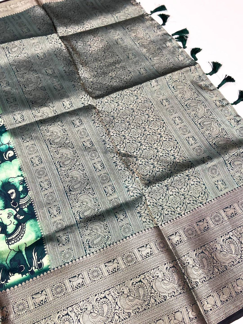 Teal Digital Kalamkari Banarasi Saree