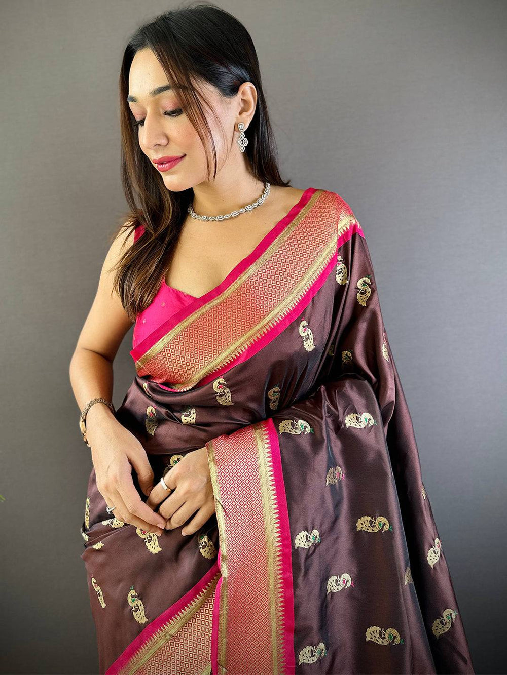 Traditional Brown Colour Yevla Paithani Minakari Work Silk Saree