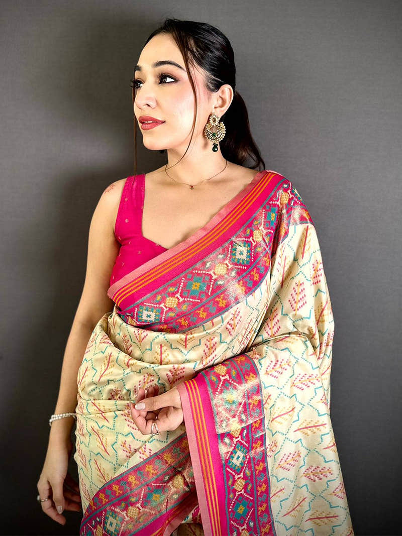 White Soft Silk Ikkat Minakari Patola Saree