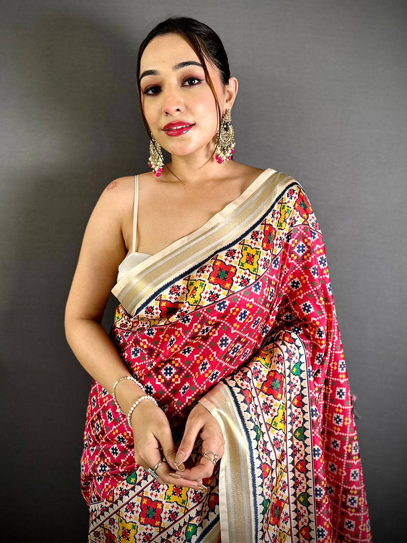 Pink Ethnic Digital Ikkat Kanchi Saree