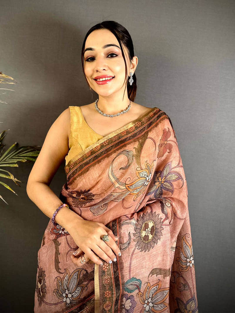 Royal Linen Tissue Ajrakh Zari Saree