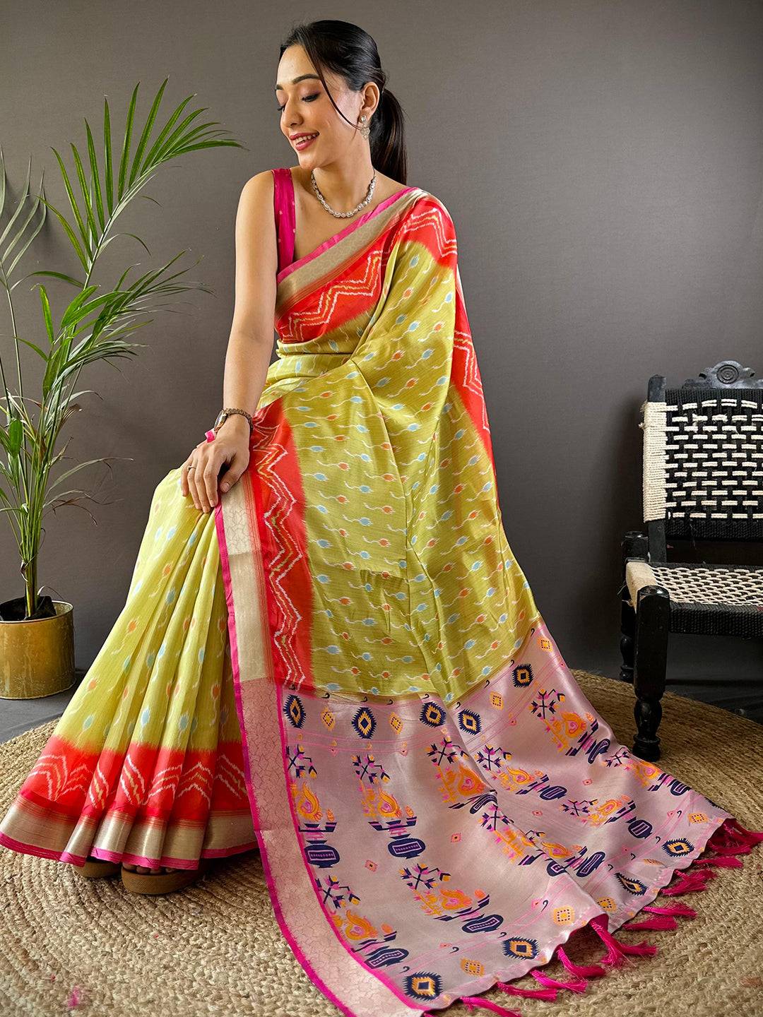 Pastel Yellow Ikkat Paithani Soft Silk Saree