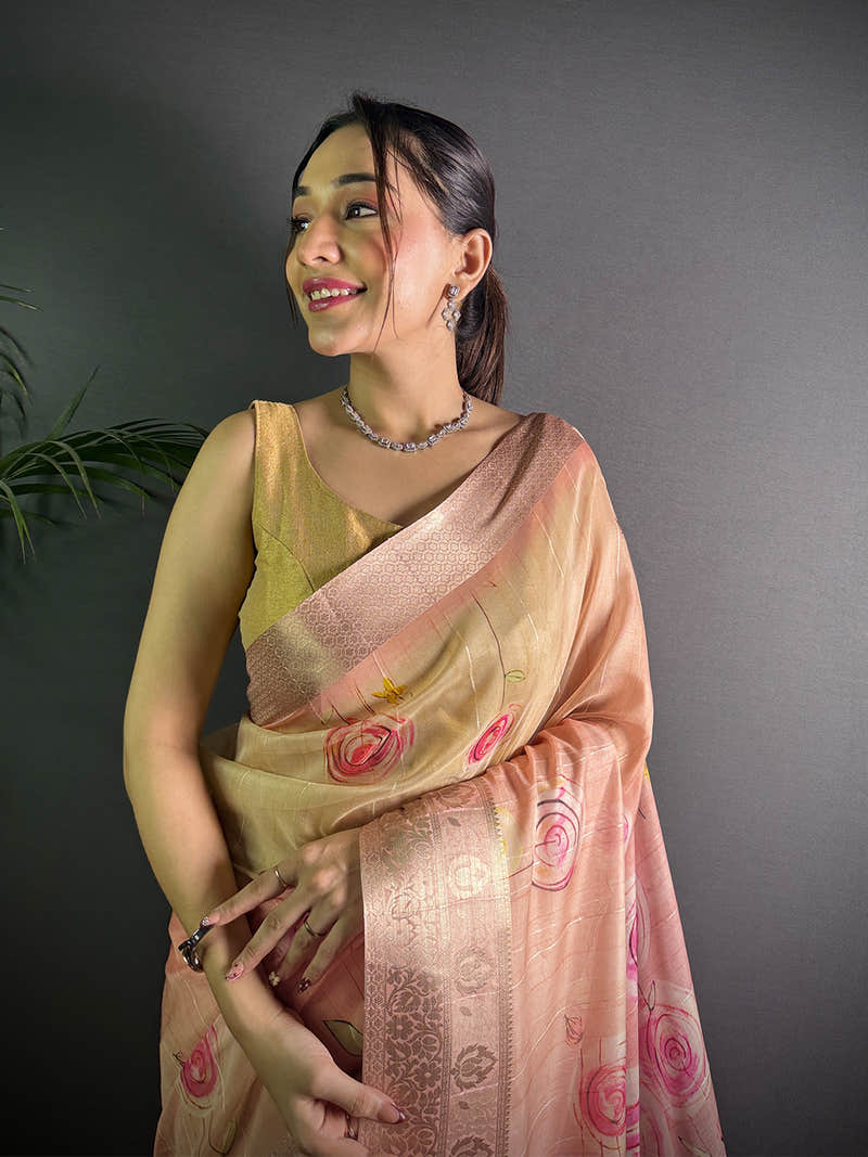 Light Pink Soft Organza Silk Floral Saree