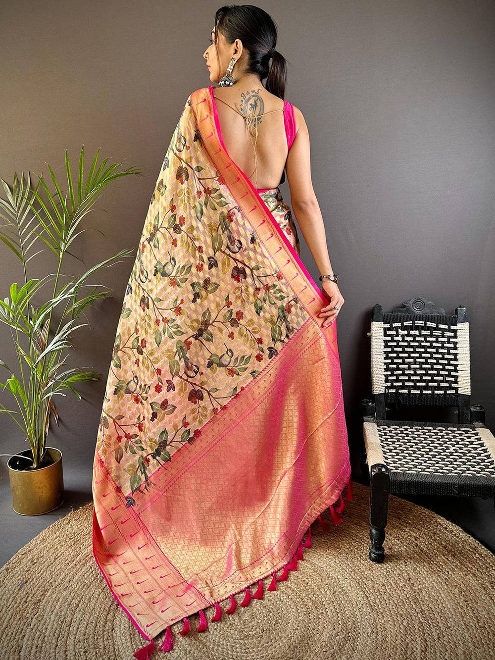 Pastel Cream Paithani Kora Silk Saree