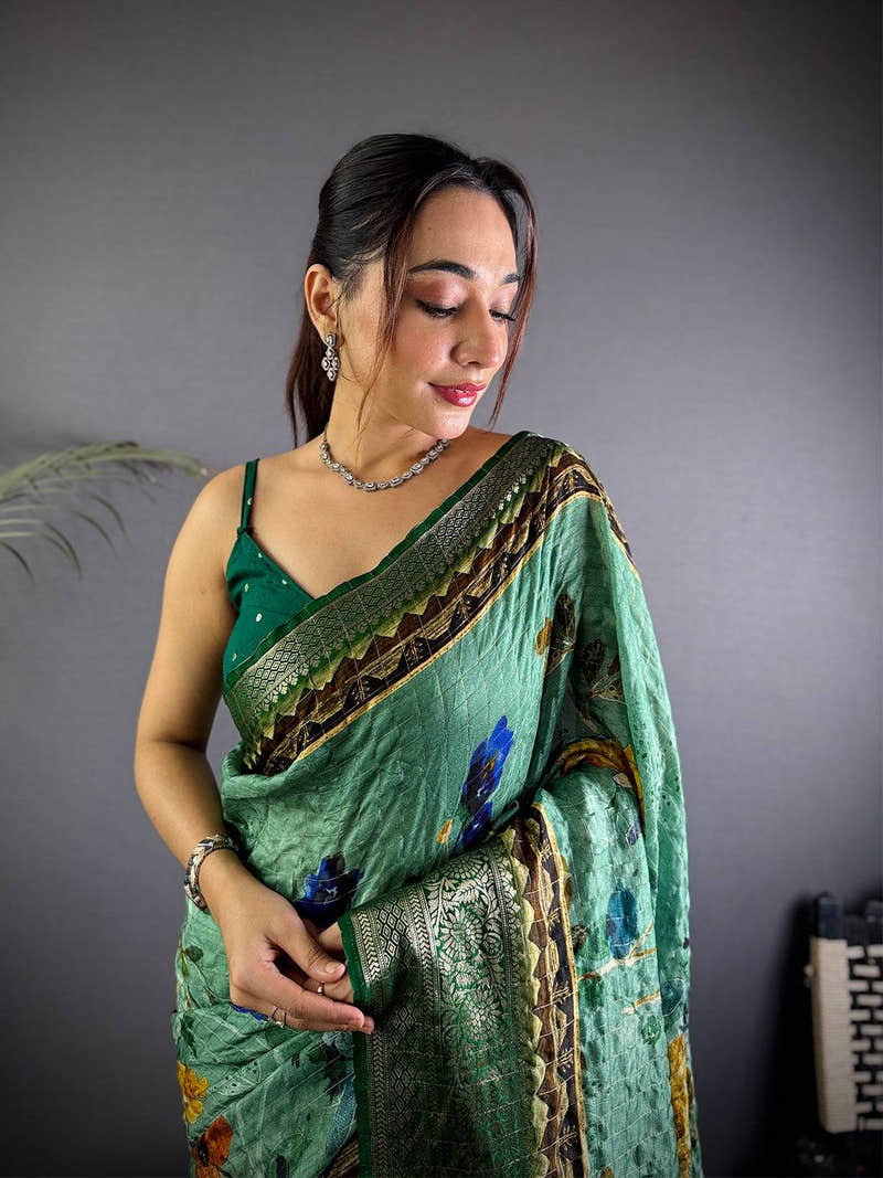 Sea Green Pure Viscose Floral Printed Saree