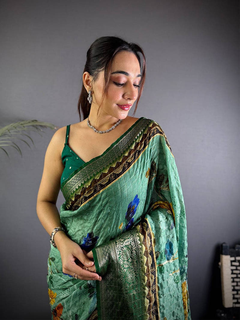 Sea Green Pure Viscose Floral Printed Saree
