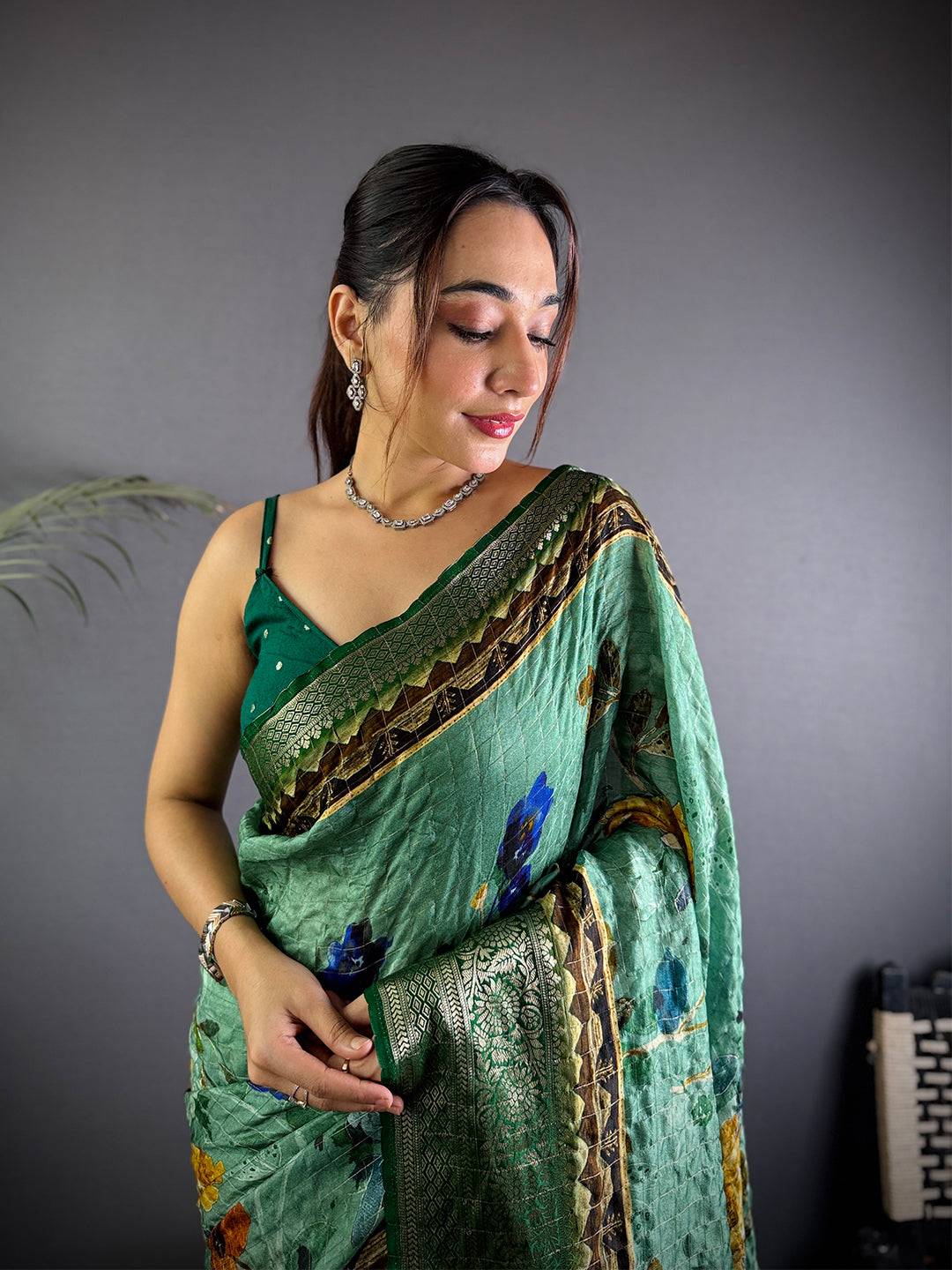 Sea Green Pure Viscose Floral Printed Saree