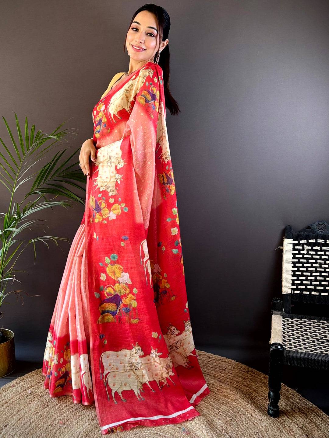 Red Chanderi Pichwai Print Saree