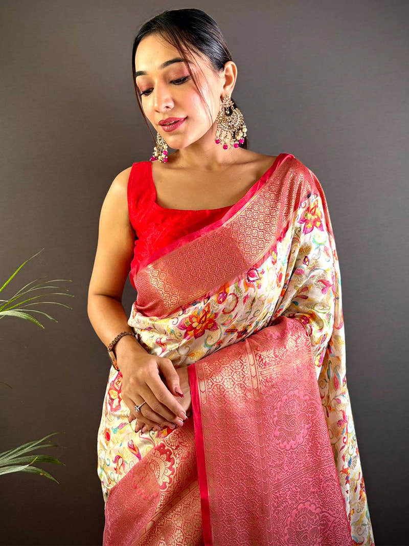 White Banarasi Silk Saree With Kanchi Pattu Border