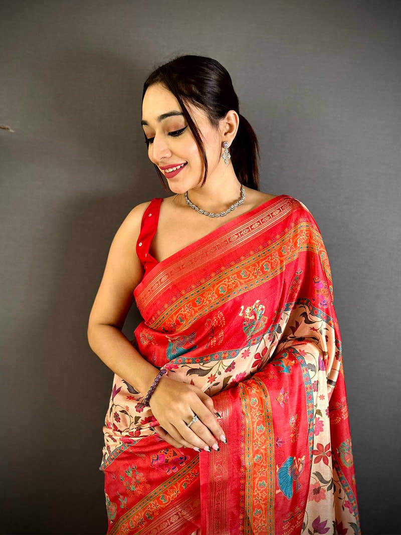 Red Soft Silk Pashmina Kashmiri Print Saree with Medallion Pallu