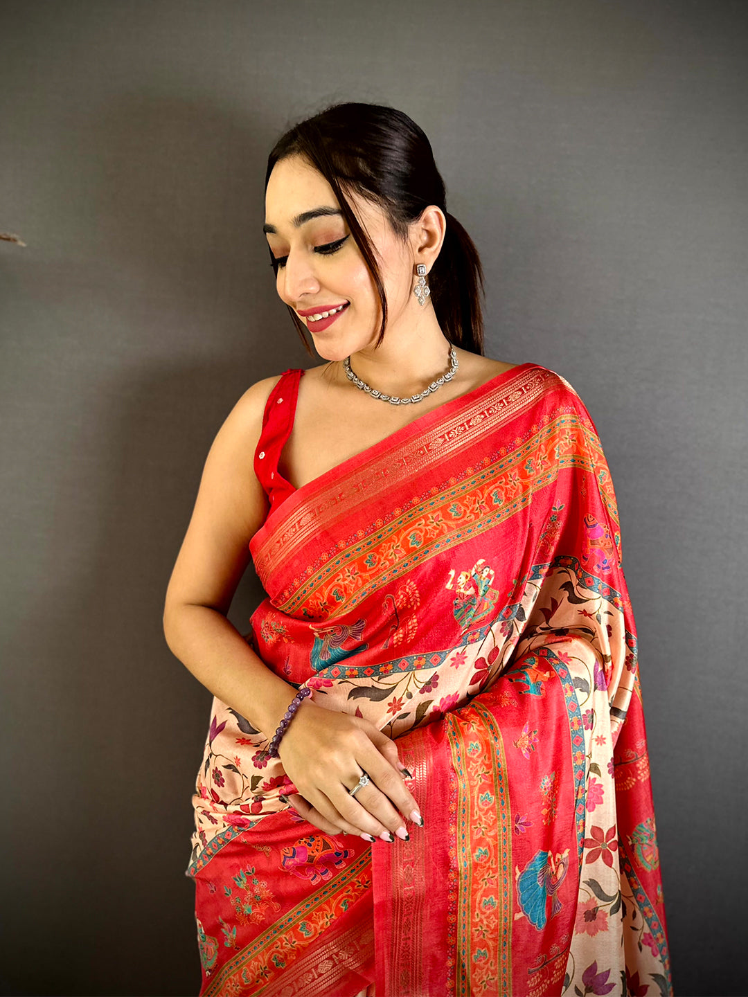 Vibrant Kashmiri Print Soft Silk Saree